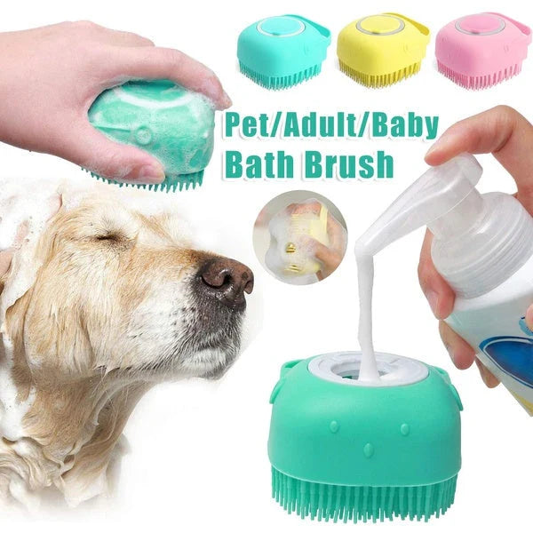 Premium silicone pet grooming brush with soft bristles, shampoo reservoir, and ergonomic handle for gentle, effective pet bathing and massage