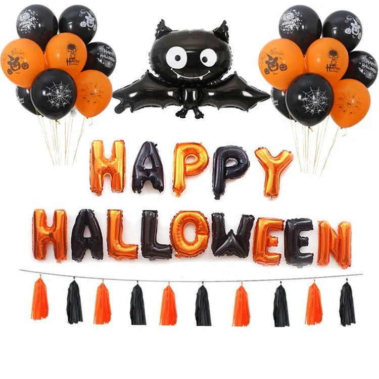 Helium-filled Halloween pumpkin balloons in various vibrant styles, perfect for decorating parties and homes