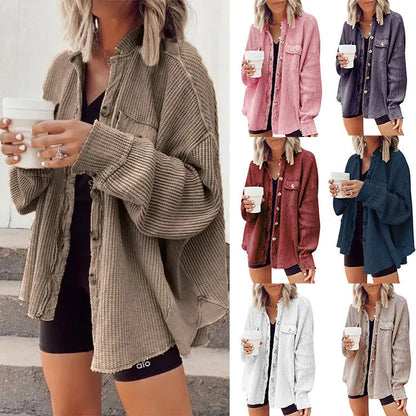 Women's button shirt jacket with lapel and long sleeves in various colours
