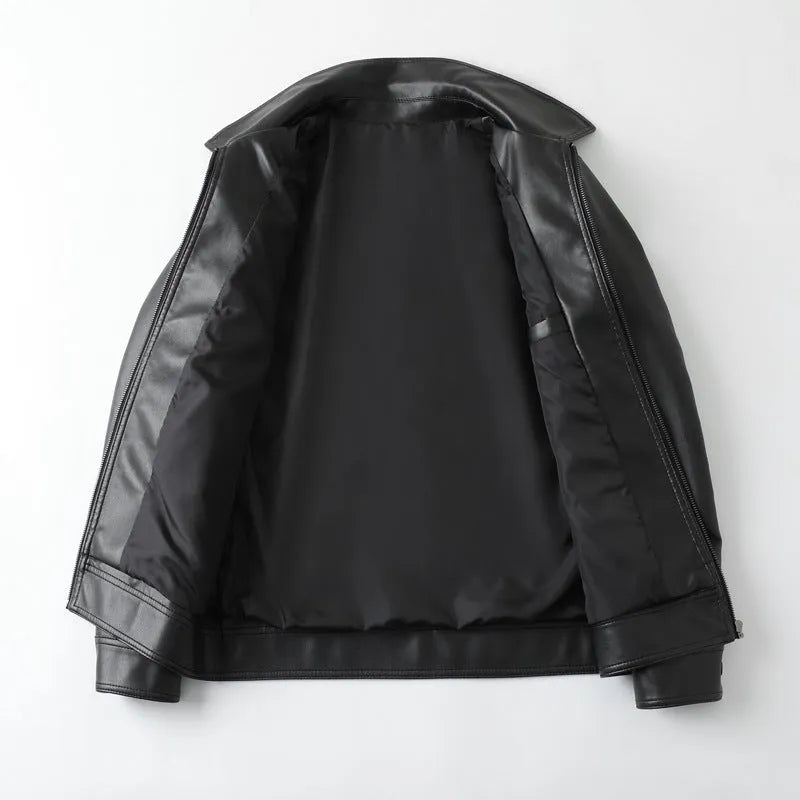 Men's black PU leather casual jacket with a zipper pocket on a hanger.