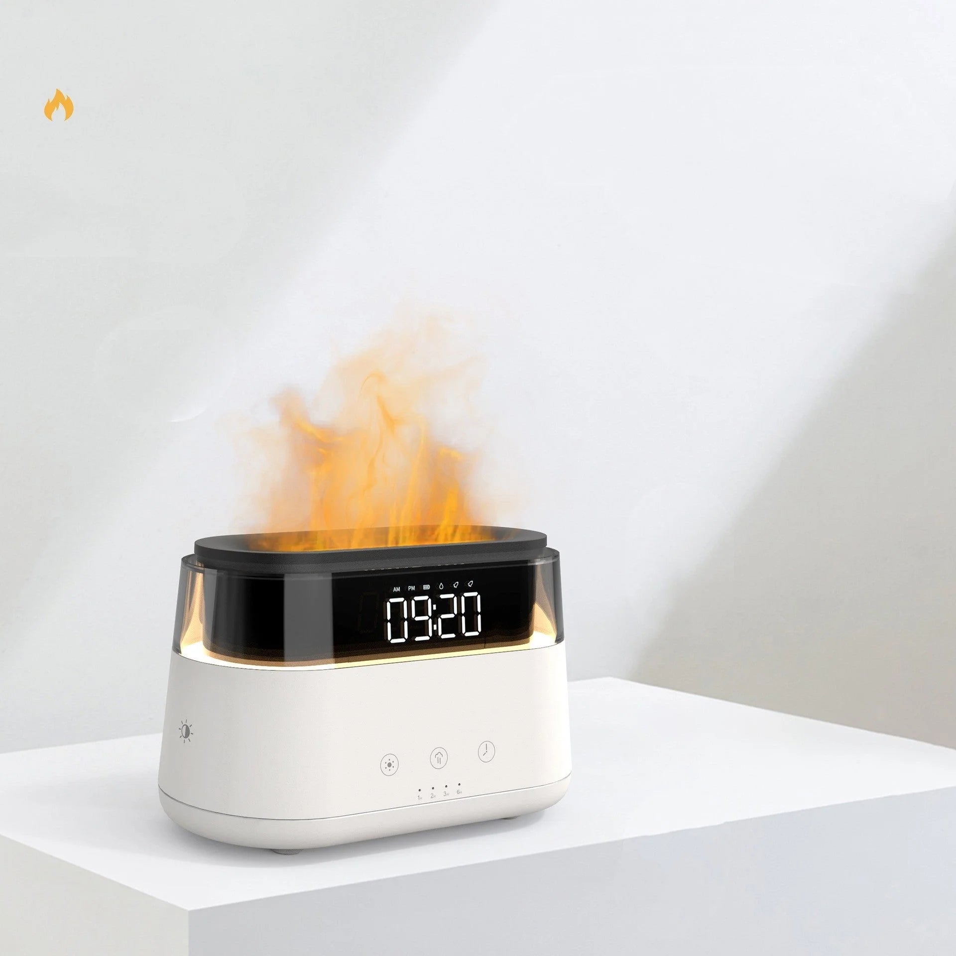 White flame humidifier with clock and aroma diffuser for home use