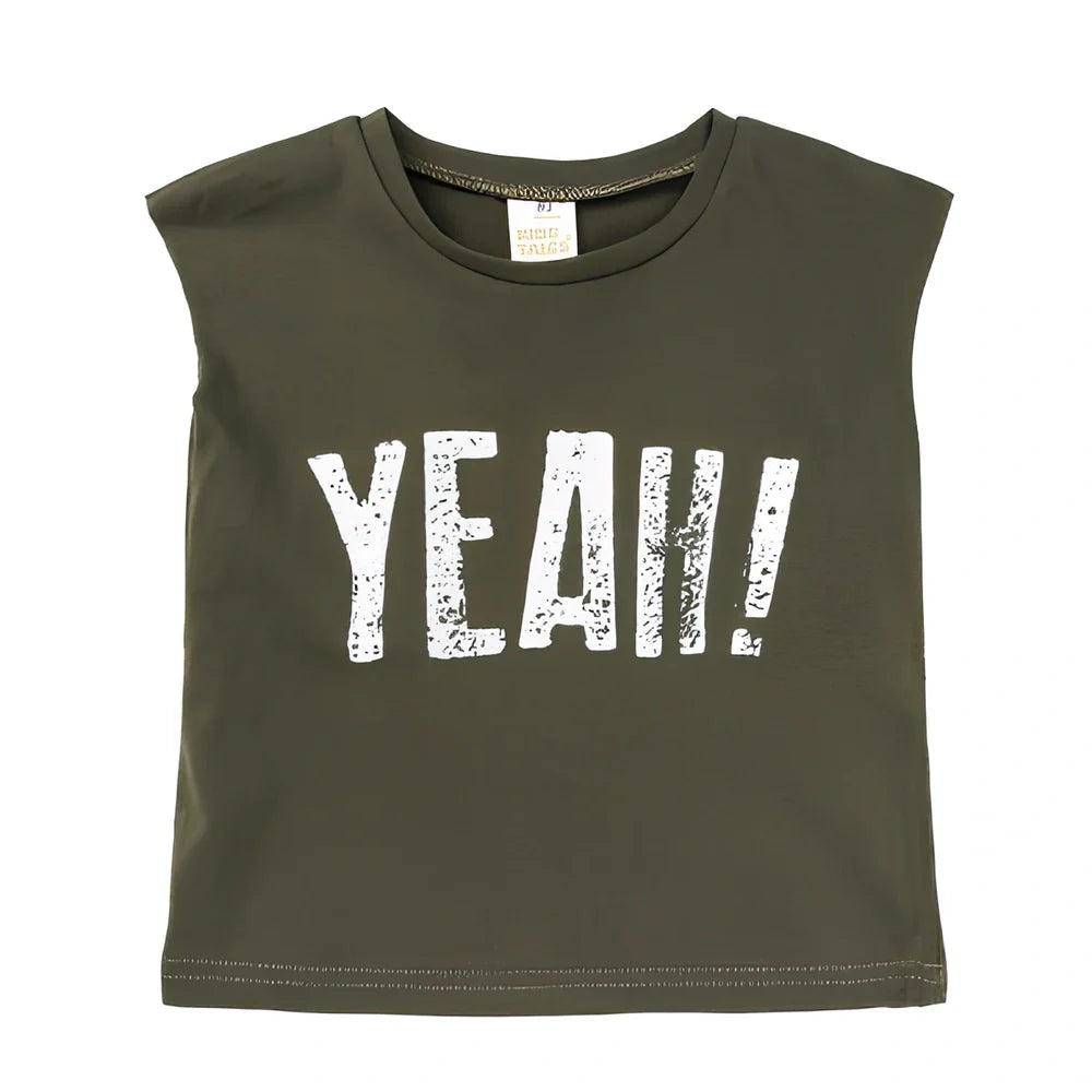 Children's sleeveless cotton t-shirt in army green with letter print, size 100 for 90-100cm height, bust 68cm
