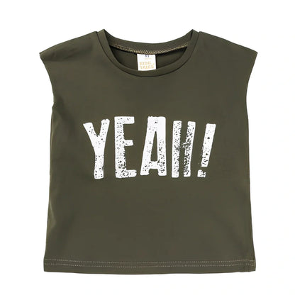 Children's sleeveless cotton t-shirt in army green with letter print, size 100 for 90-100cm height, bust 68cm