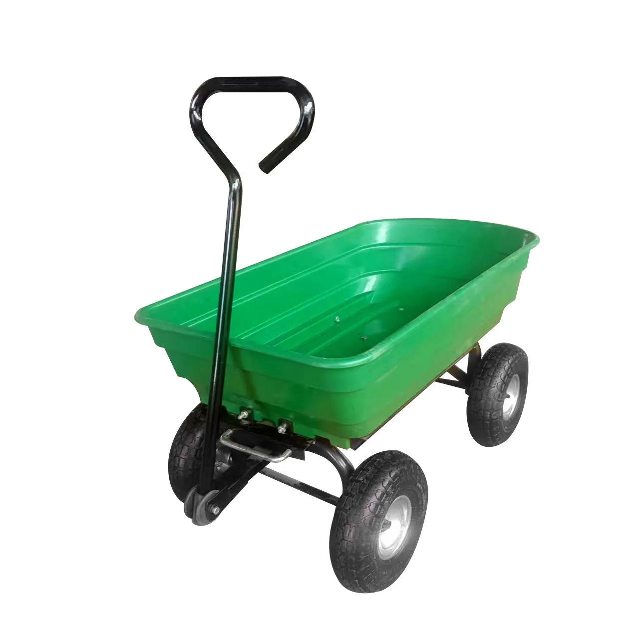 Green four-wheel plastic dump truck with steel frame and tipping bed