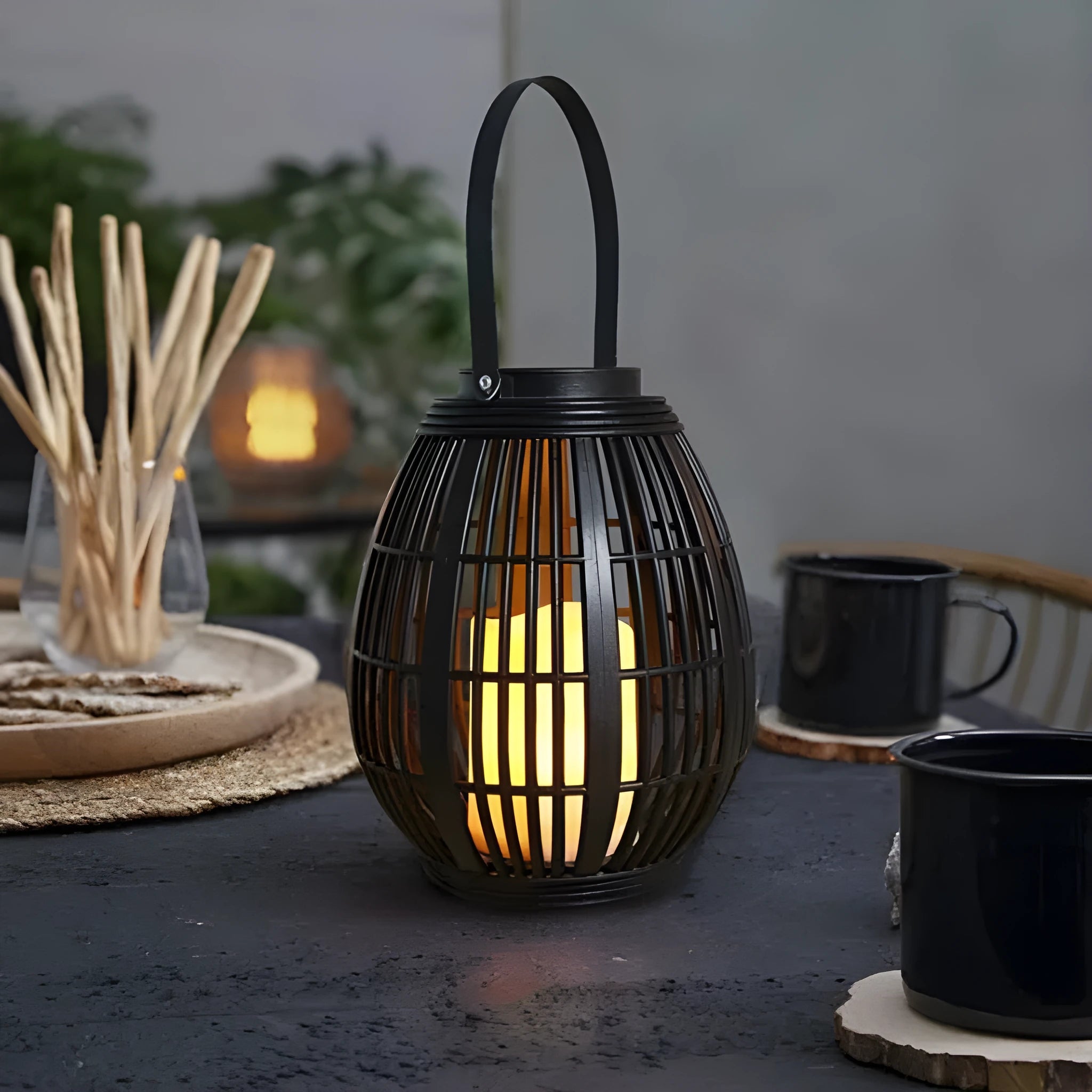 Oval rattan solar garden light with wind lamp design for patio outdoor lighting