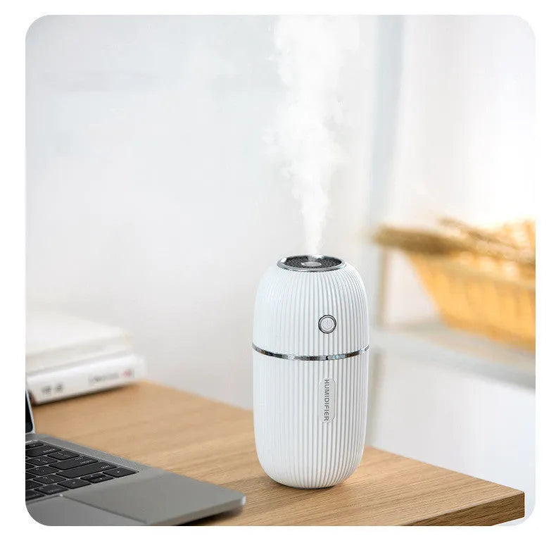 300ml USB ultrasonic mini humidifier with coloured LED lights in white on a desk