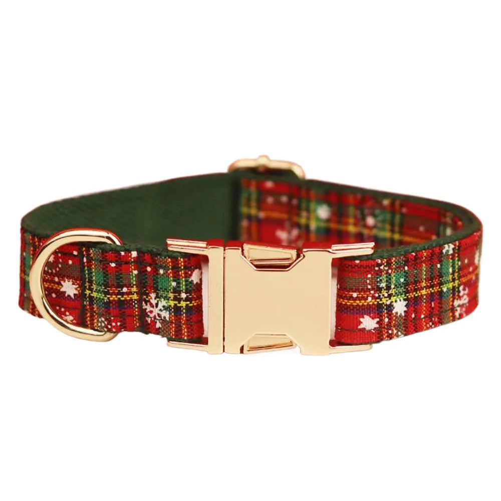 Green snowflake Christmas dog collar set with matching leash, bow tie, and dog vest for holiday pet outfits