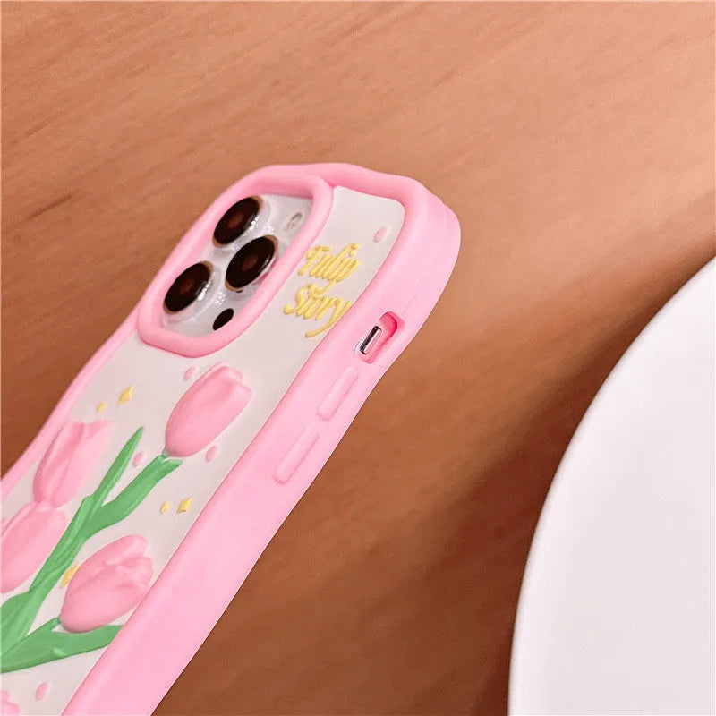 3D tulip silicone phone case for iPhone with frosted finish and raised floral design, pink colour