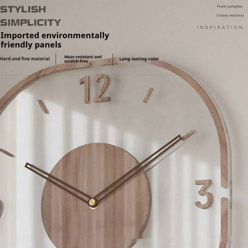 Modern transparent wooden frame wall clock with 35cm square dimensions for living room or office