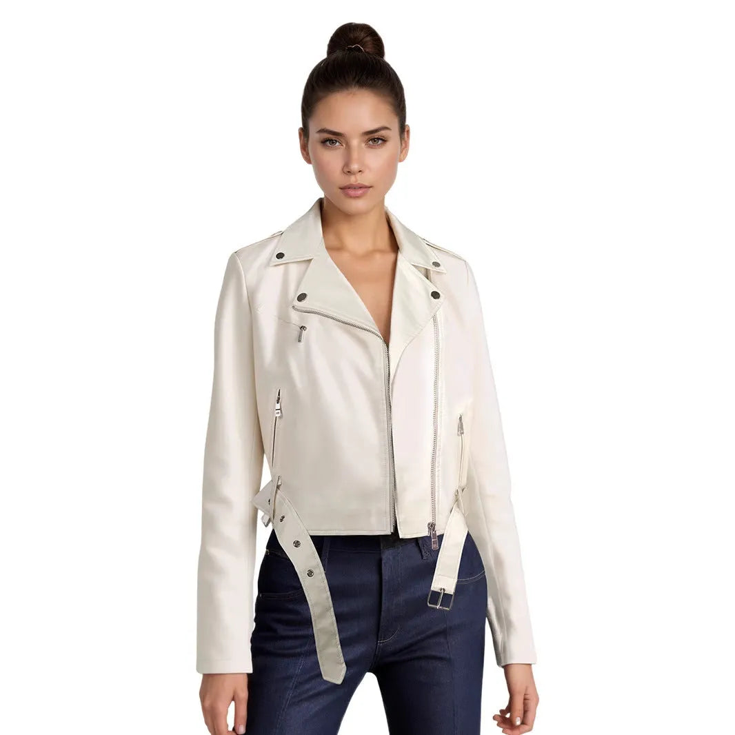Women's red PU leather motorcycle jacket with lapel collar and waist belt on a model.
