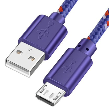 Woven nylon cloth data cable in multiple colours showing Android micro and USB-C connector options