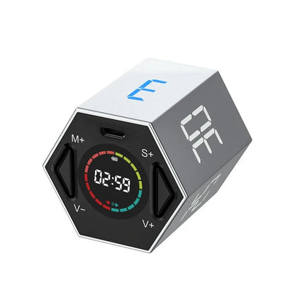 A sleek, modern digital kitchen timer with a large display and adjustable volume settings