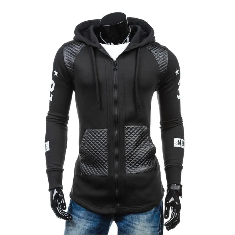 Slim stitching patchwork men's hoodie in black front view