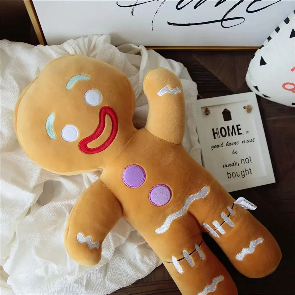Yellow cartoon anime cookie man plush toy standing on a surface, side view, 30cm height