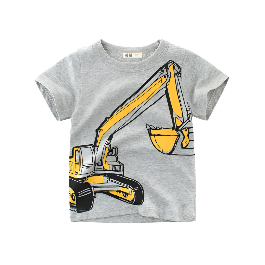Children's cotton T-shirt with cartoon pattern in flower ash colour, short sleeves and round neck