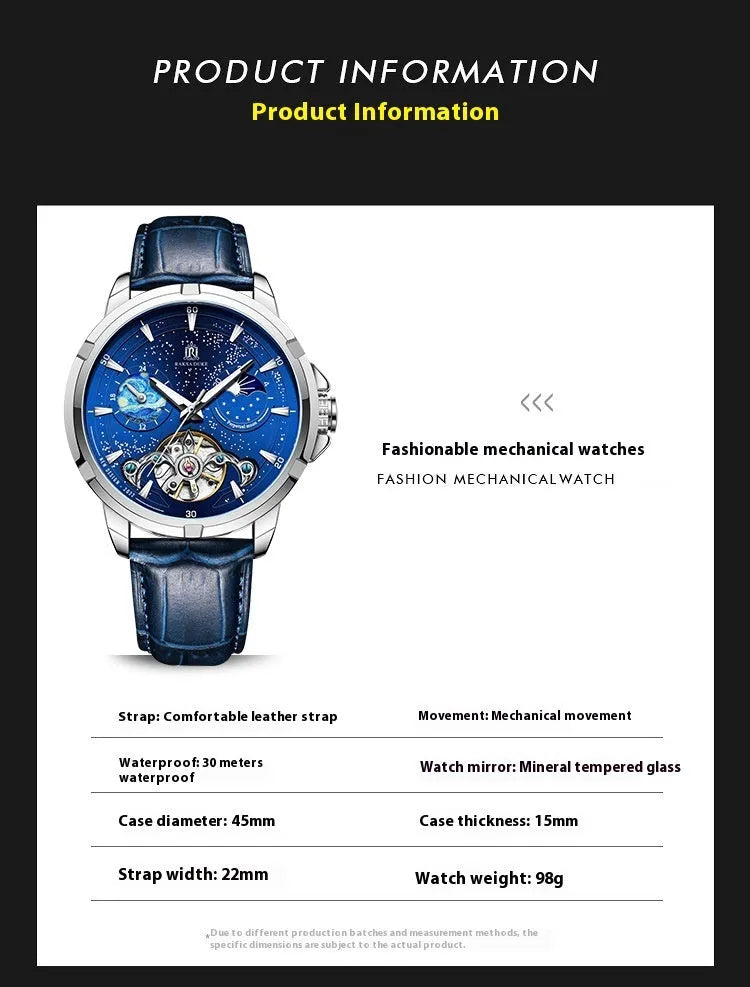 Men's blue automatic mechanical watch with 885b case on wrist