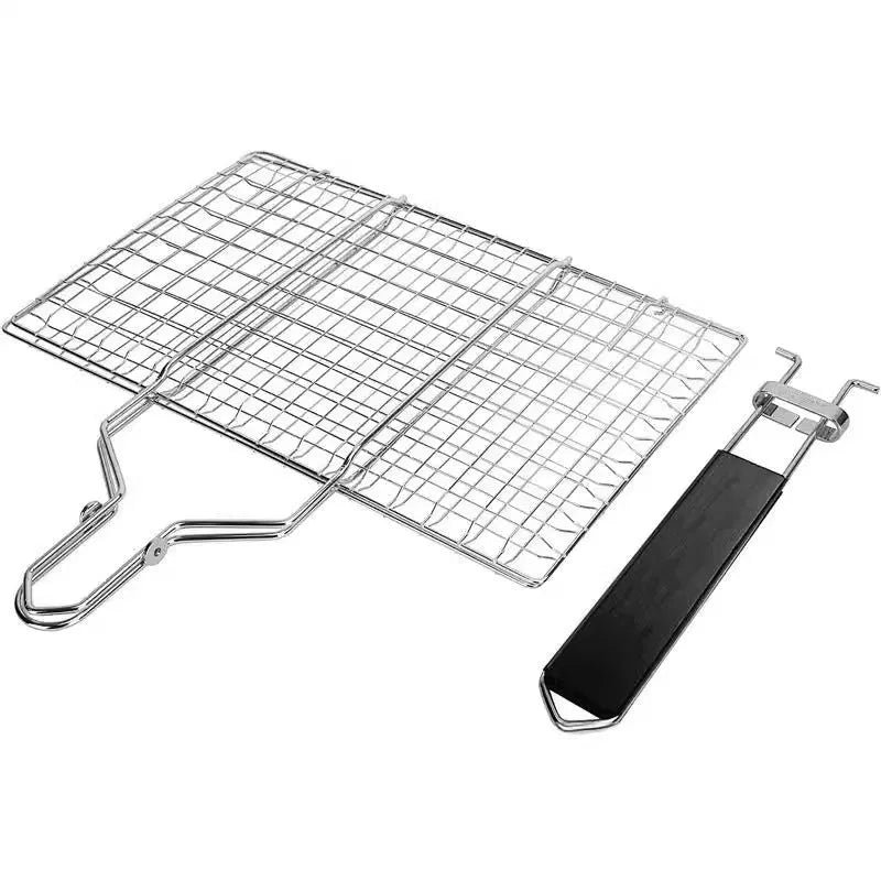 Square stainless steel folding barbecue mesh basket with a grill brush on a grey background.