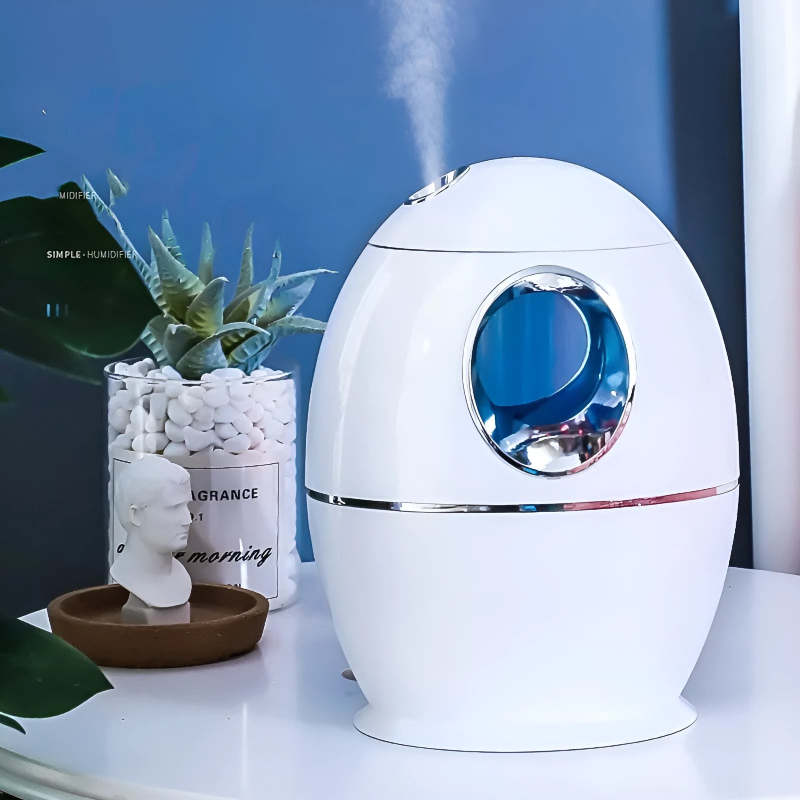 White columnar household air disinfection humidifier with USB cable and anion function.