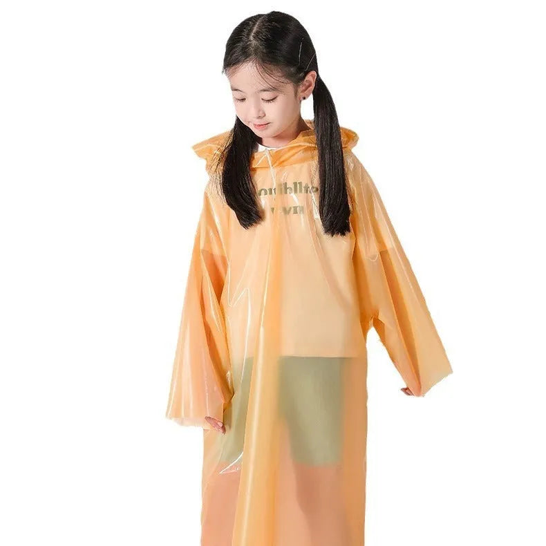 Disposable children's card raincoat showing compact 13x9cm size and long poncho design in multiple colour options