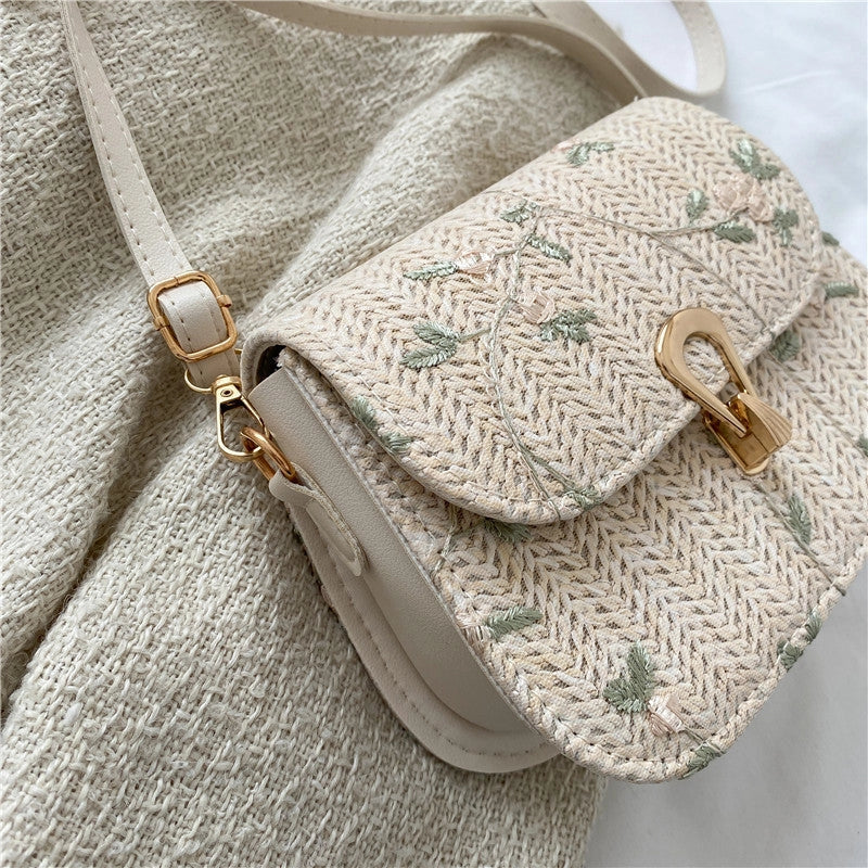Summer straw woven bag with floral pattern in white and khaki options