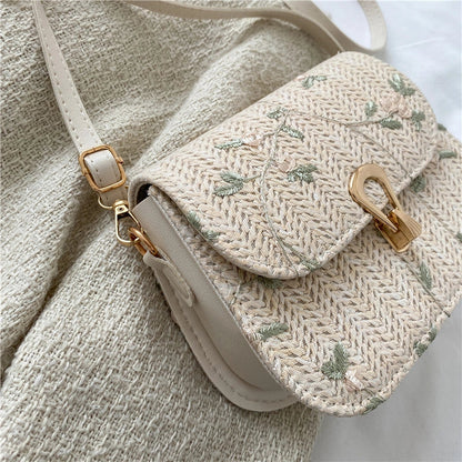 Summer straw woven bag with floral pattern in white and khaki options