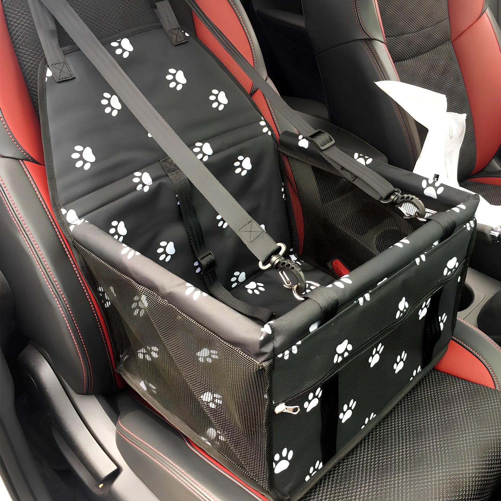 Waterproof pet car mat with headrest straps installed in vehicle, showing storage compartment and dimensions 400x300mm