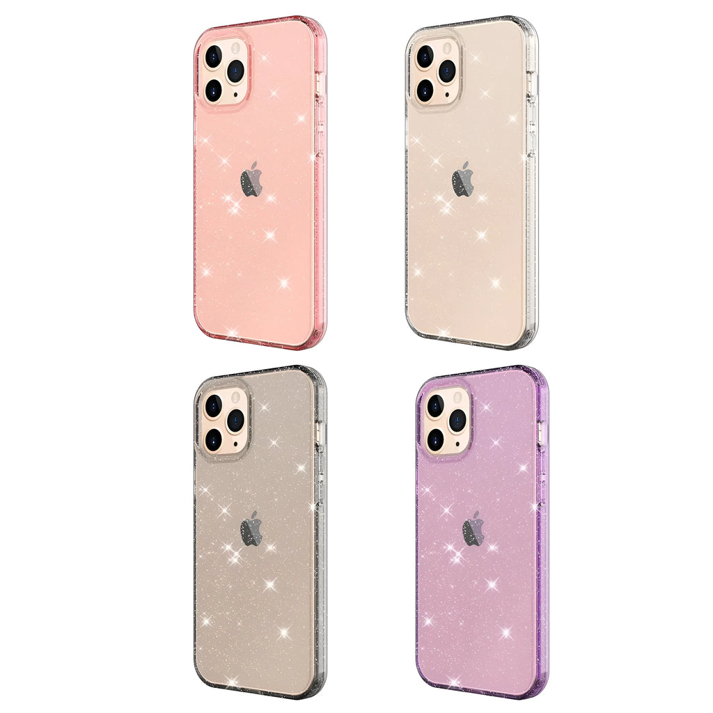 Transparent glitter TPU phone case for iPhone 12 Pro Max in pink, black and purple colours