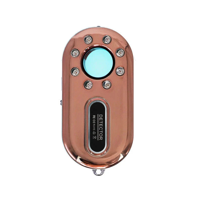 Compact RF scanner and alarm in black and rose gold for personal privacy and security