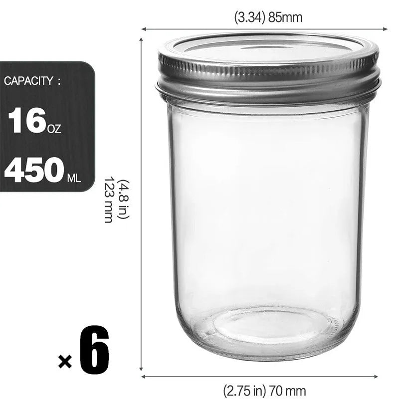 Six 16oz transparent glass jars with wide mouths and sealed lids on a shelf