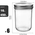 Six 16oz transparent glass jars with wide mouths and sealed lids on a shelf