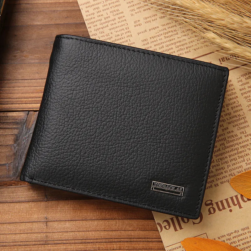 Men's first layer cowhide leather bifold RFID wallet with coin purse, black, 11.5cm length, stitching detail