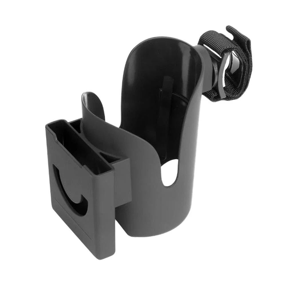 Universal baby stroller cup holder with phone pocket attached to a stroller