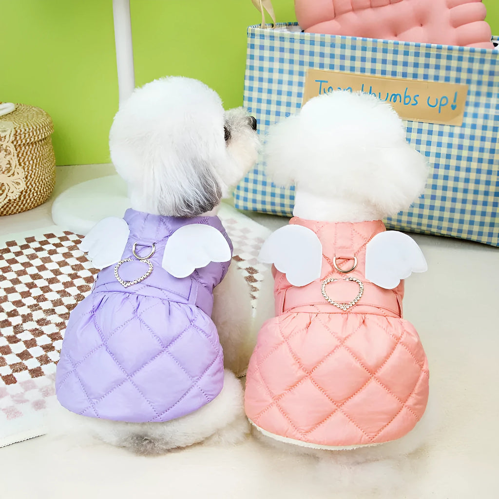 Pink and purple polyester casual skirt for small dogs on a white background.