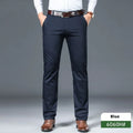 Men's straight-leg non-ironing trousers in a grey cotton blend fabric on a hanger