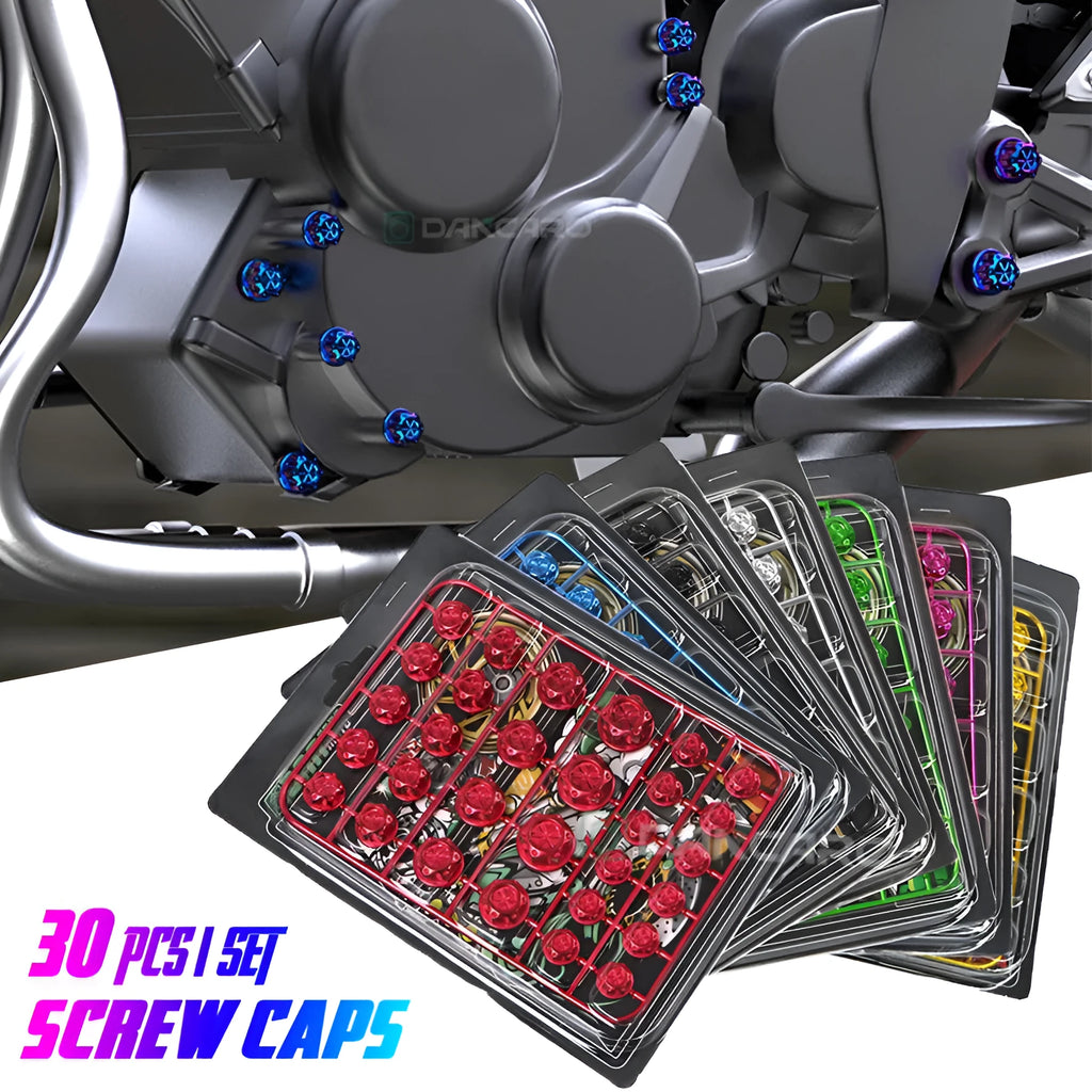 Set of 30 coloured ABS plastic screw covers for motorcycle engine modification.