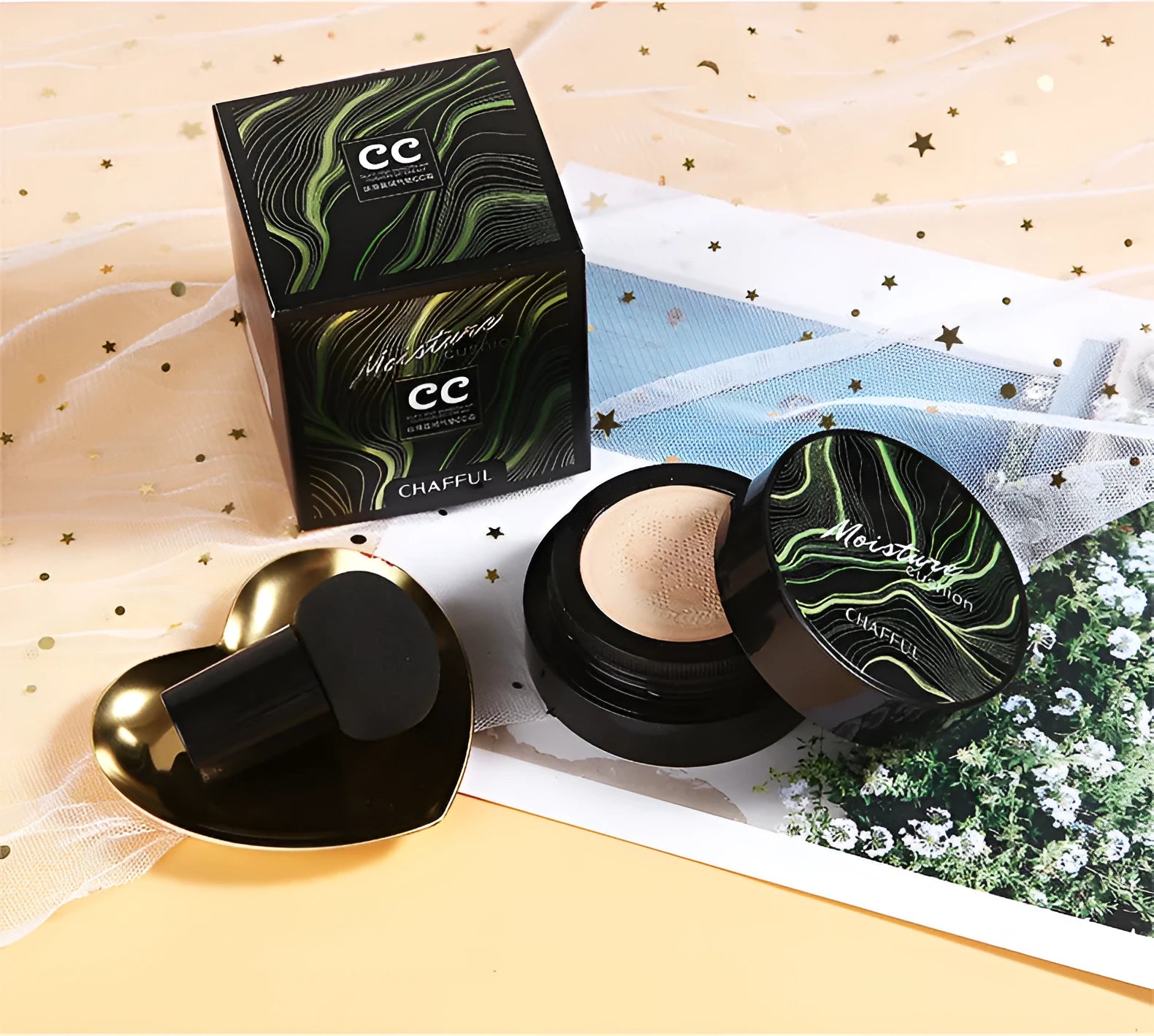 Air cushion BB cream foundation concealer in compact case with mushroom sponge, Ivory 01 and Natural 02 shades