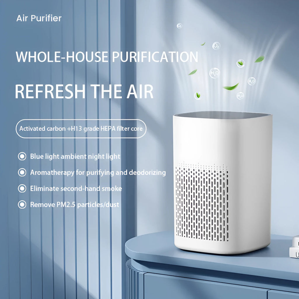 Desktop air purifier machine with USB cable on a work desk
