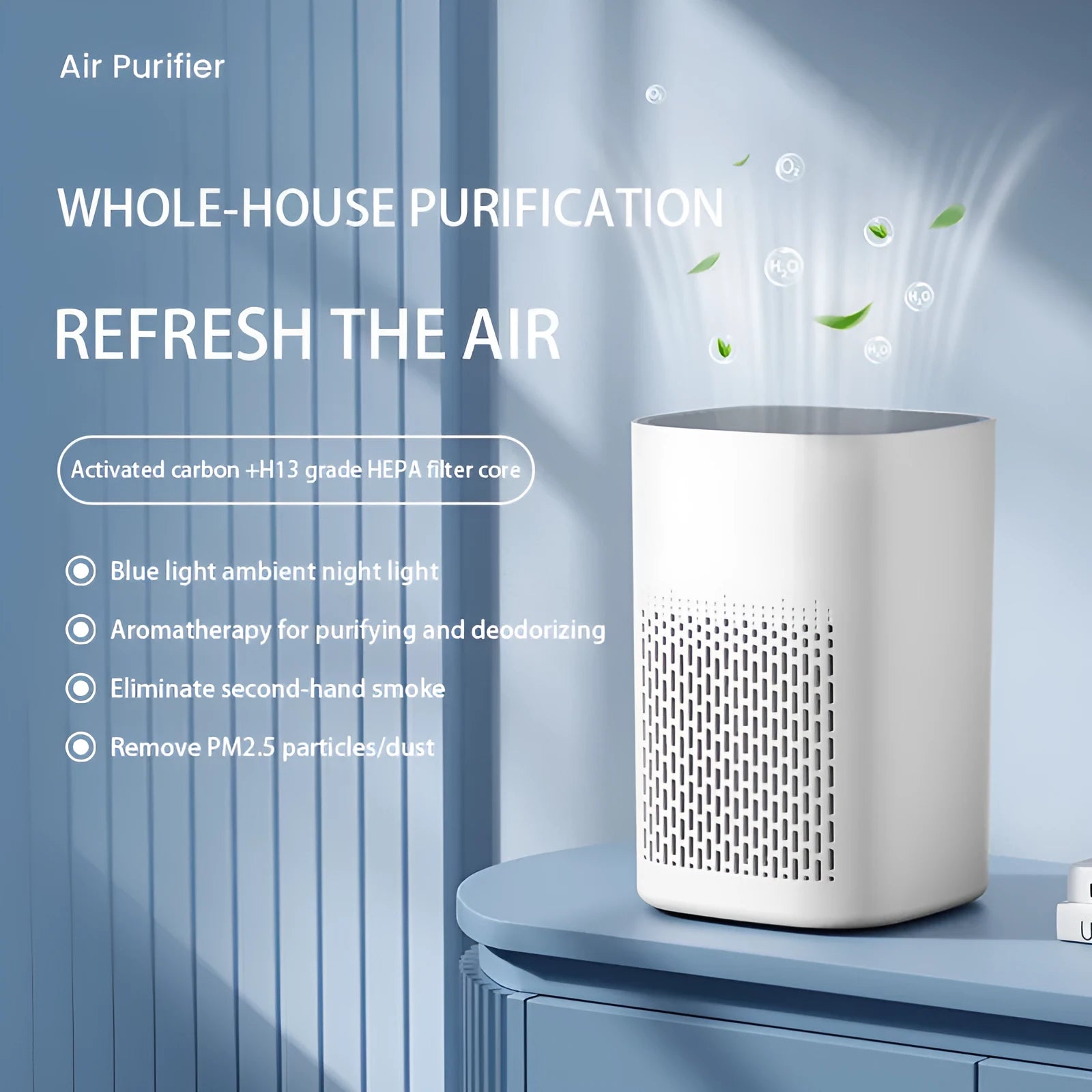 Desktop air purifier machine with USB cable on a work desk