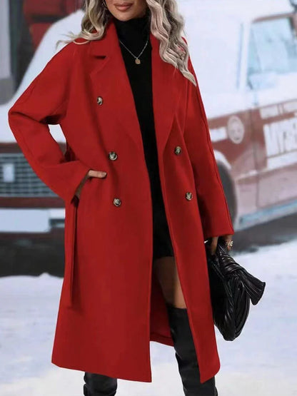 Double-breasted trench coat in red, black, and khaki colors with adjustable belt for a customized fit