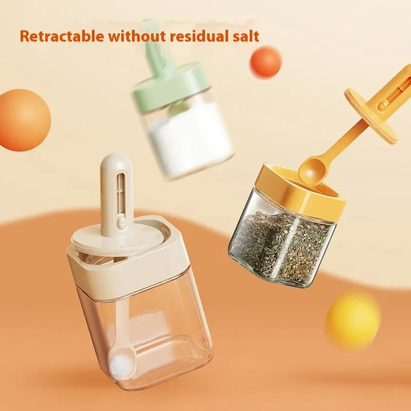 Retractable glass seasoning jar in Nordic style, available in green, warm gray, or yellow for kitchen storage