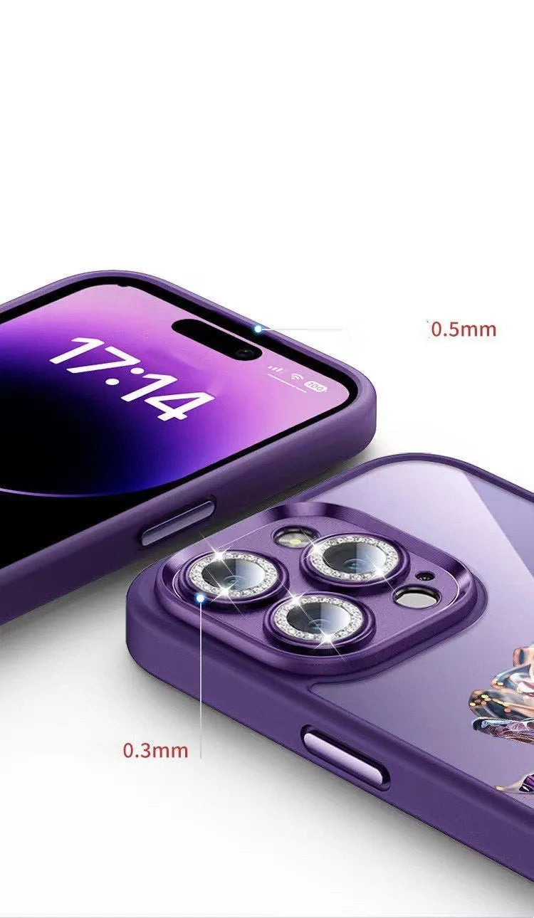 Dark purple fairy pink rose TPU iPhone case with sparkling pink lens film on an iPhone 14 Pro.