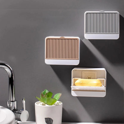 Double grids soap storage box wall mounted with free drain design in white, grey, and khaki