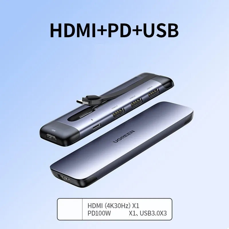 A compact USB-C hub adapter with short cable, showing HDMI, USB 3.0, Power Delivery, and other ports.