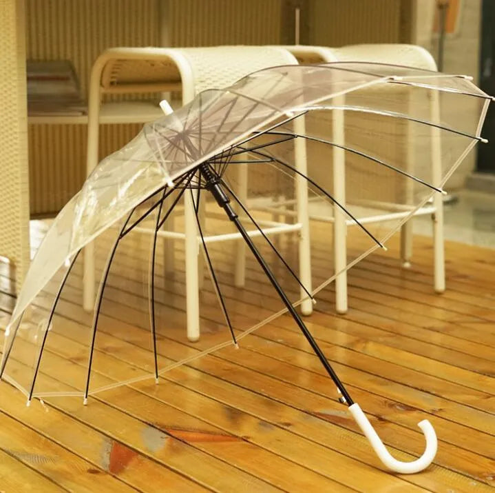 Transparent 16-rib umbrella with long black handle, showing black steel skeleton structure