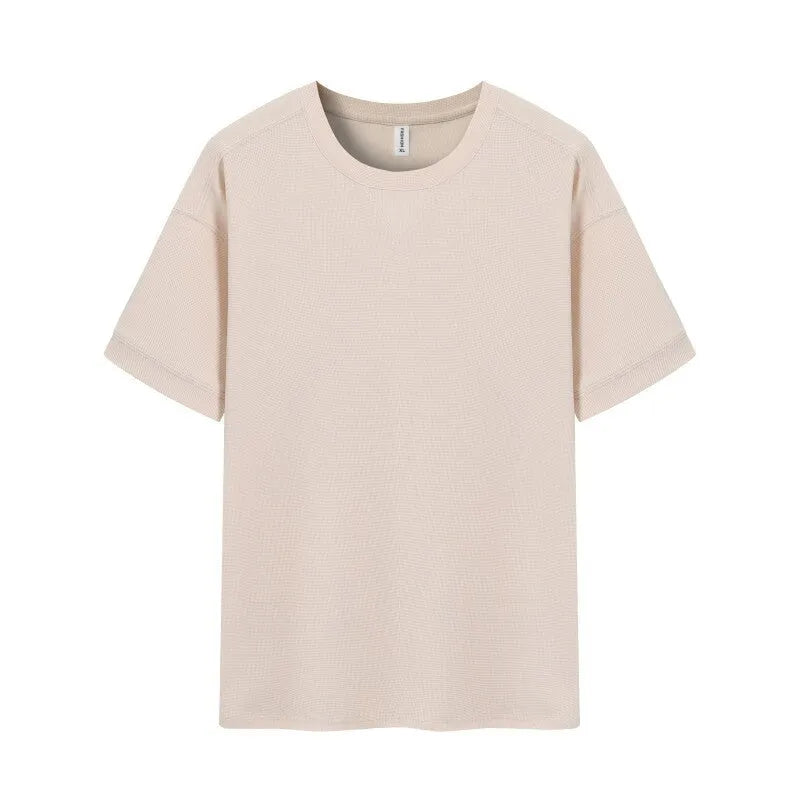 Men's heavy waffle-textured short-sleeved T-shirt in polyester with wool lining, shown in a solid colour.