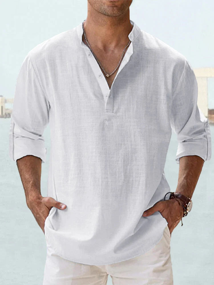 Men's long sleeve cotton linen shirt with stand collar in various colours
