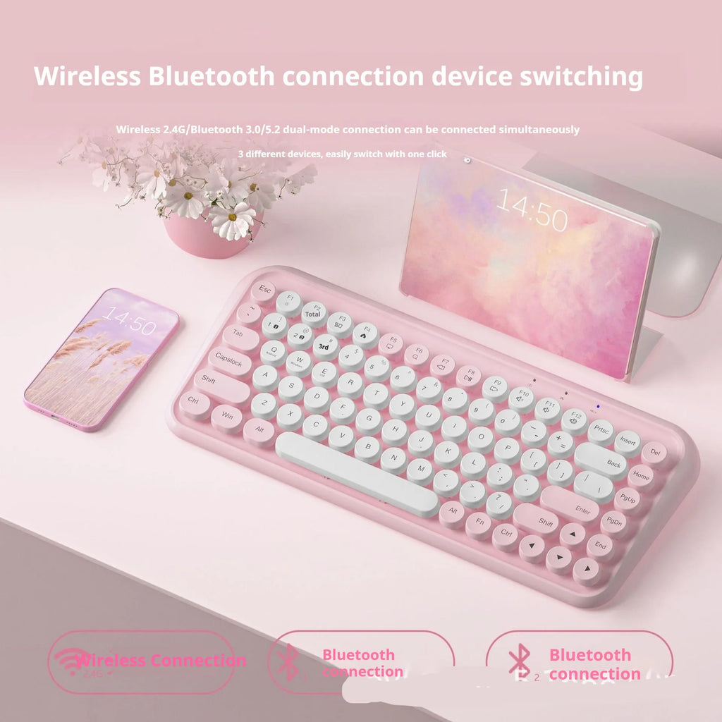 Pink Bluetooth wireless keyboard with 84 keys measuring 339mm wide