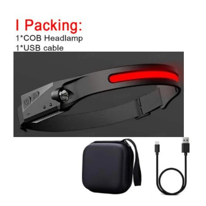 COB LED Induction Riding Headlamp Flashlight with USB rechargeable and waterproof features for outdoor activities