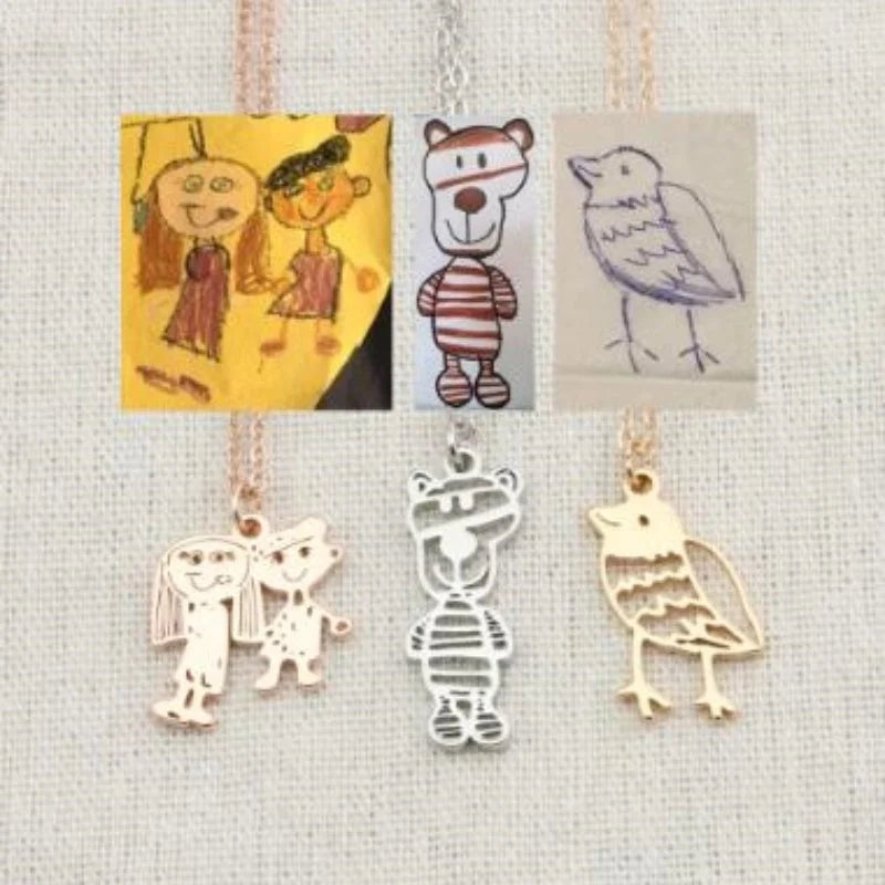 Custom stainless steel children's artwork necklace with gold, silver, and rose gold options