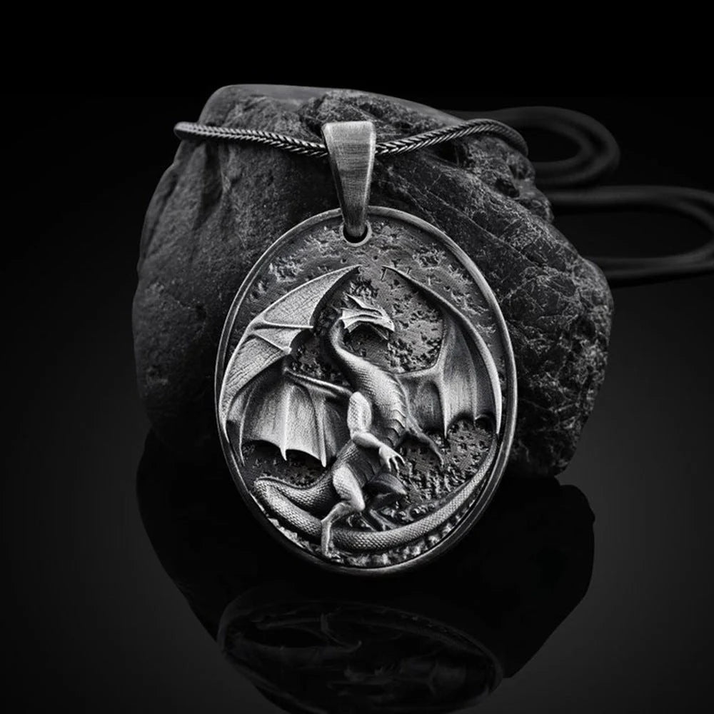 Men's Western Dragon Pendant Necklace in titanium steel with pure tin pendant